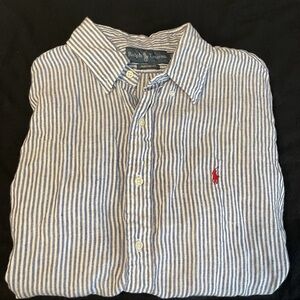Polo Ralph Lauren White Blue Stripe Shirt Long Sleeve Men Size XL/TG 100% Linen